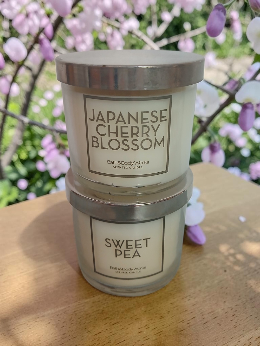 Bath & Body Works White & Silver Japanese Cherry Blossom + Sweet Pea Candle Duo